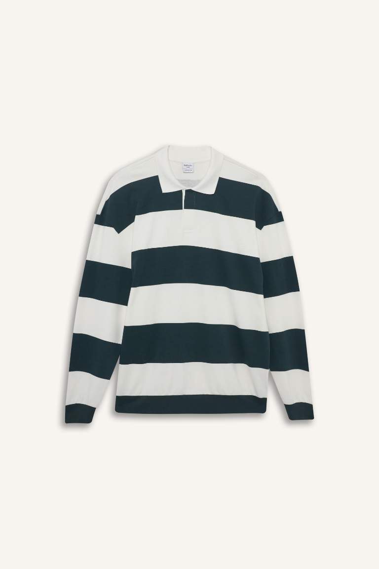 Boxy Fit Rahat Kesim Polo Yaka Düğmeli Çizgili Sweatshirt