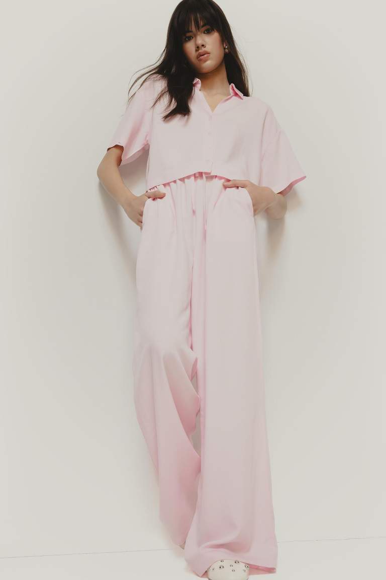 Wide Leg Üç Cepli Normal Bel Standart Boy Geniş Paça Keten Karışımlı Palazzo Pantolon