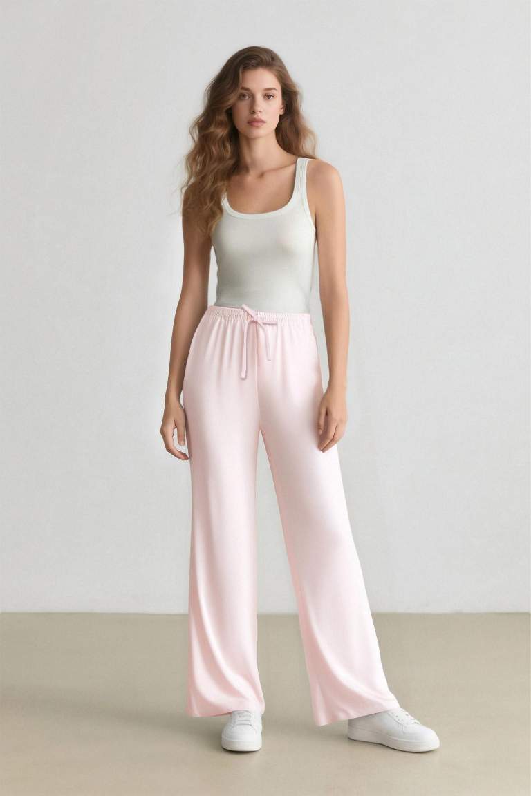 Wide Leg Üç Cepli Normal Bel Standart Boy Geniş Paça Keten Karışımlı Palazzo Pantolon