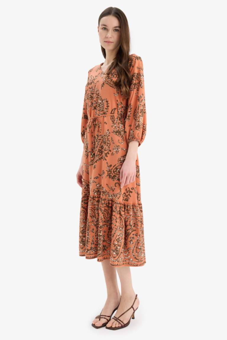 Regular Fit V Neck Floral Patterned Half Sleeve Midi Dress