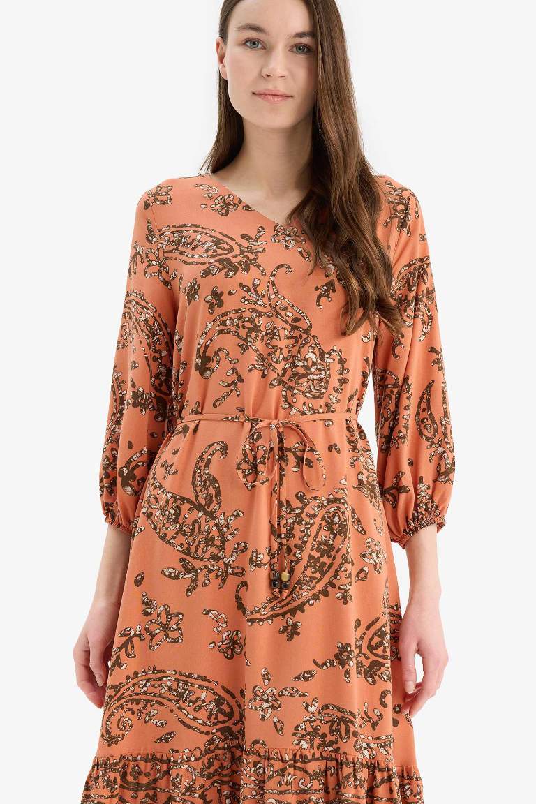 Regular Fit V Neck Floral Patterned Half Sleeve Midi Dress
