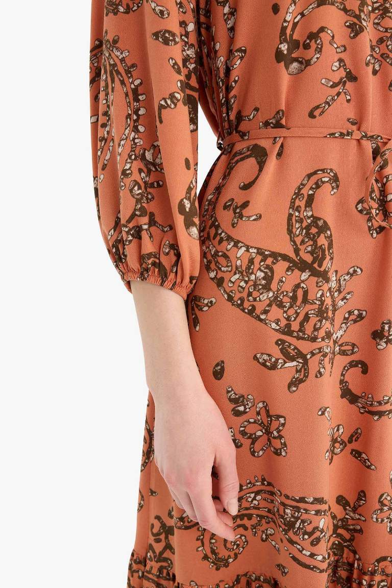 Regular Fit V Neck Floral Patterned Half Sleeve Midi Dress