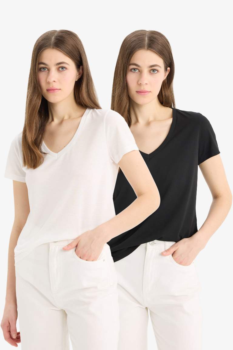 Regular Fit V Neck Basic 2 Piece T-Shirt