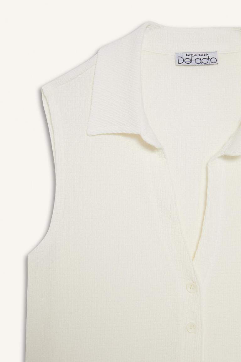 Fitted Gömlek Yaka Dokulu Kolsuz Beyaz Bluz