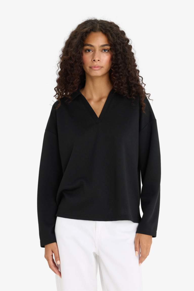 Sweat noir à col polo Coupe décontractée