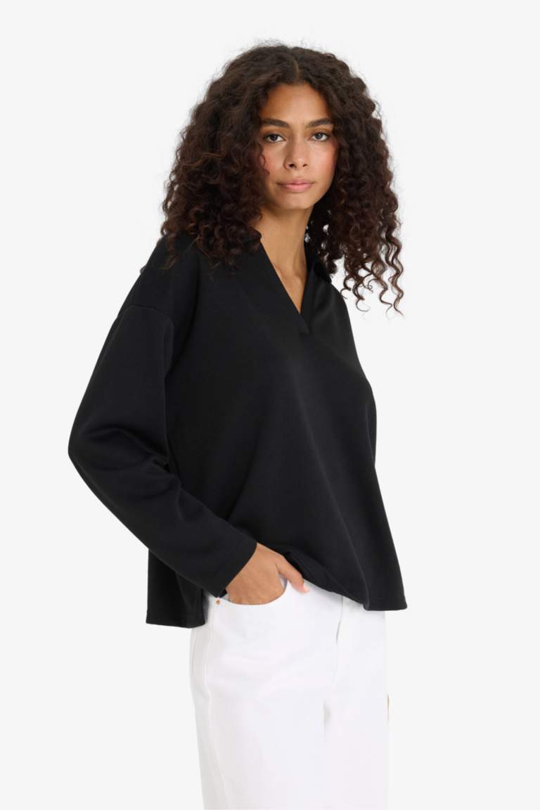 Sweat noir à col polo Coupe décontractée
