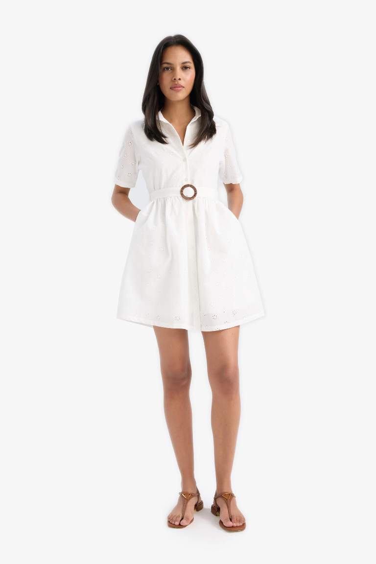 Shirt Collar Belted Embroidered Short Sleeve Mini Dress