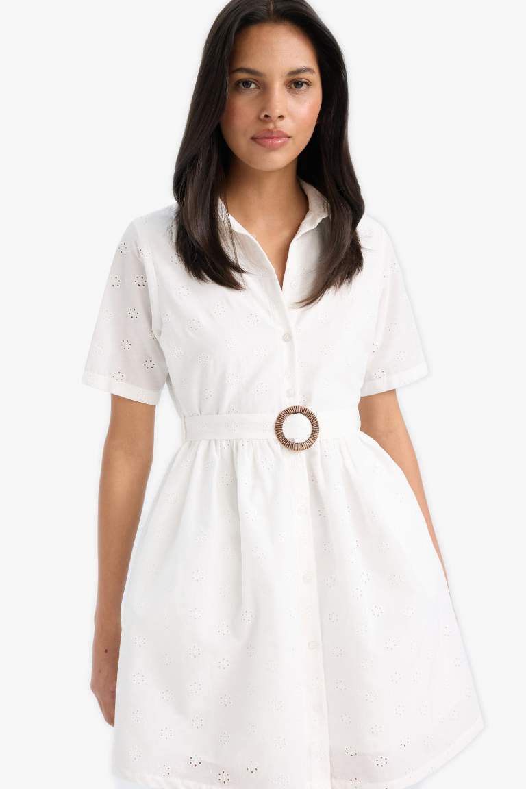 Shirt Collar Belted Embroidered Short Sleeve Mini Dress