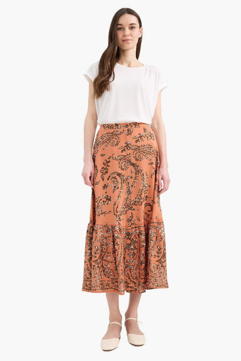 Regular Fit Beli Lastikli Desenli Midi Etek