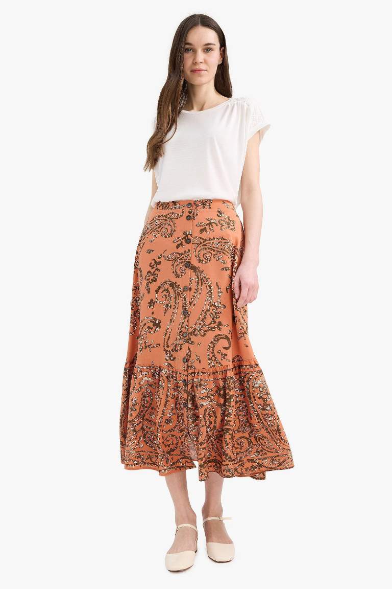 Regular Fit Beli Lastikli Desenli Midi Etek