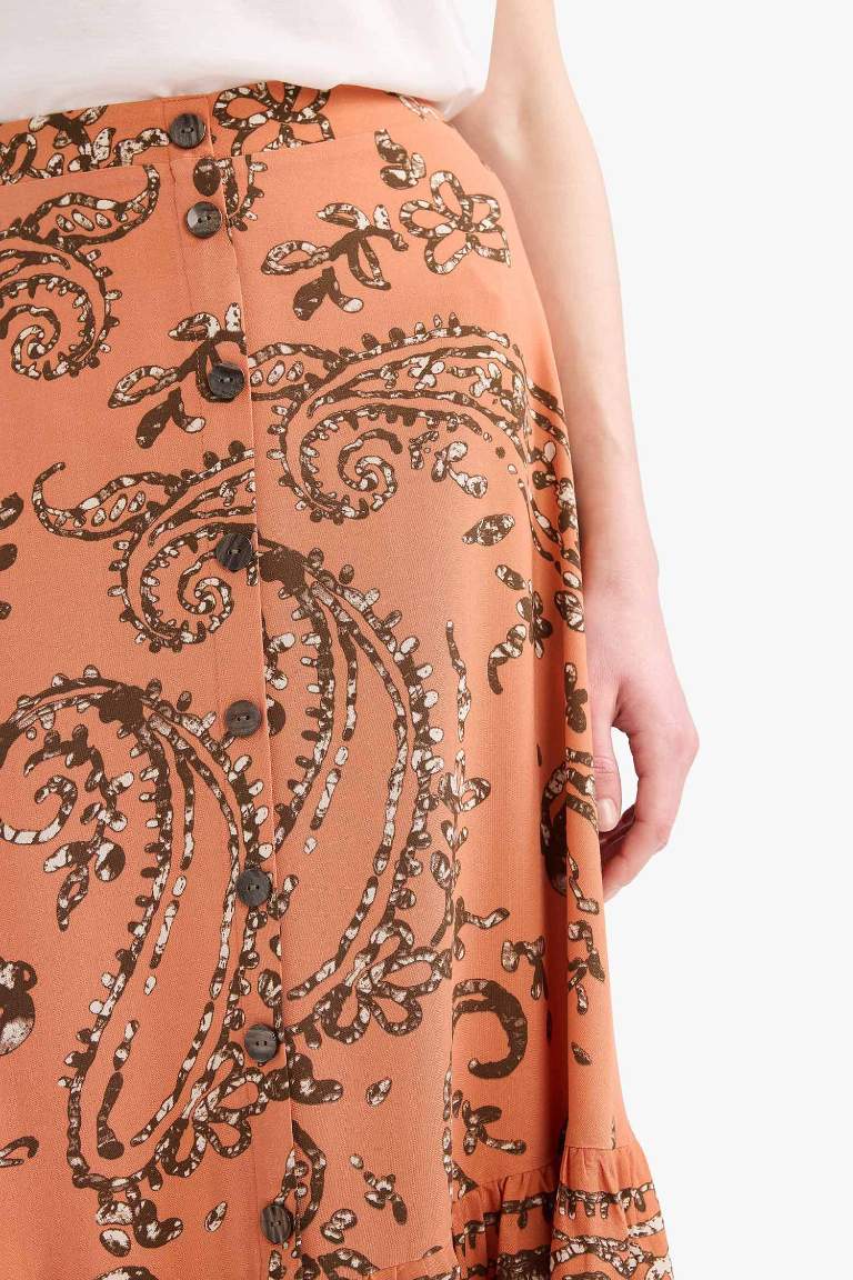 Regular Fit Beli Lastikli Desenli Midi Etek