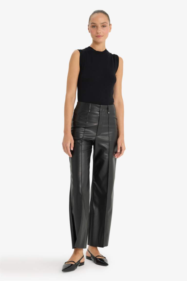 Pantalon large en simili cuir taille haute à poches