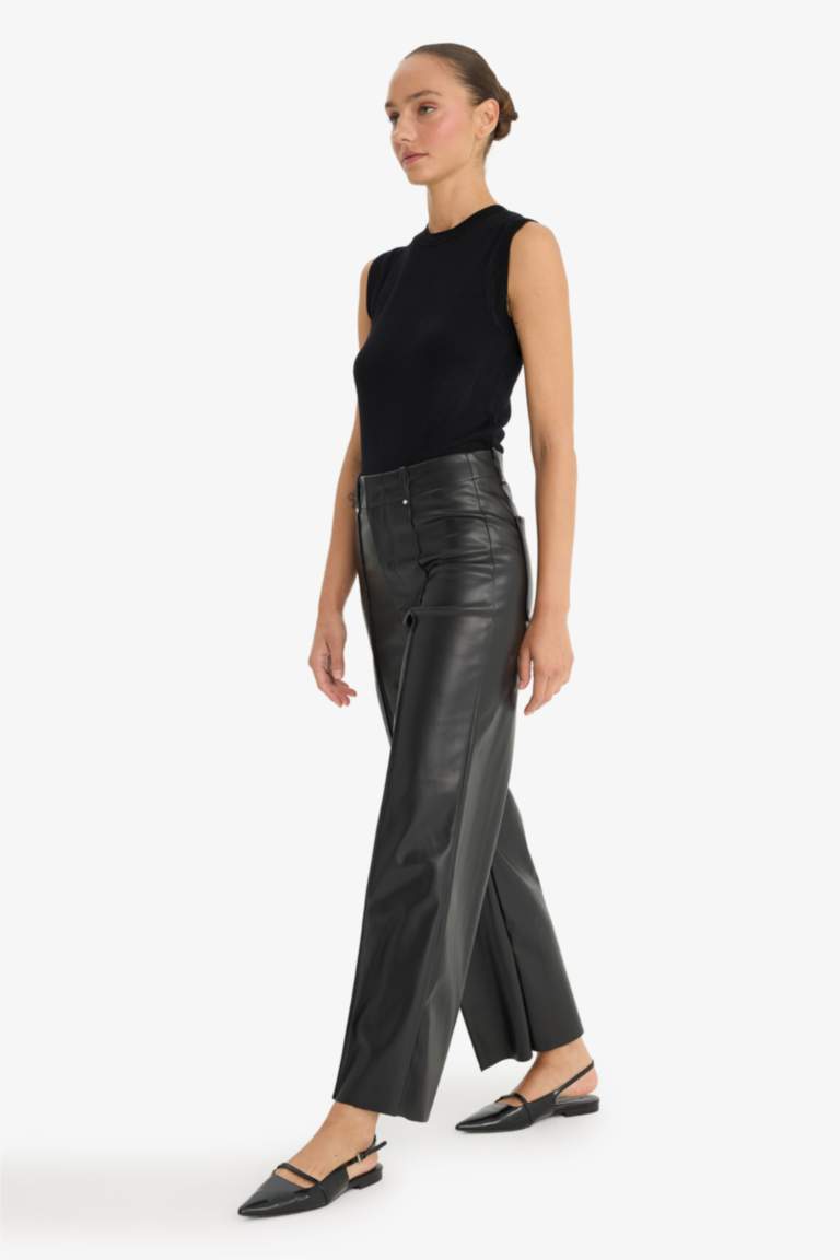 Pantalon large en simili cuir taille haute à poches