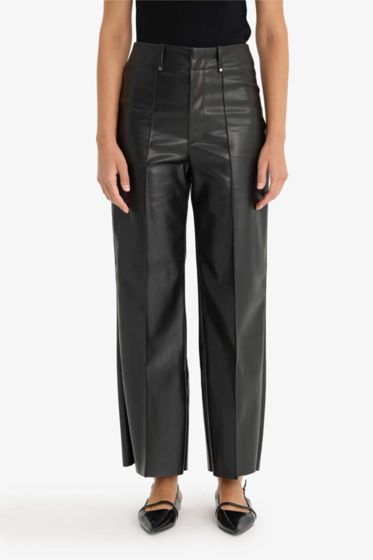 Pantalon large en simili cuir taille haute à poches