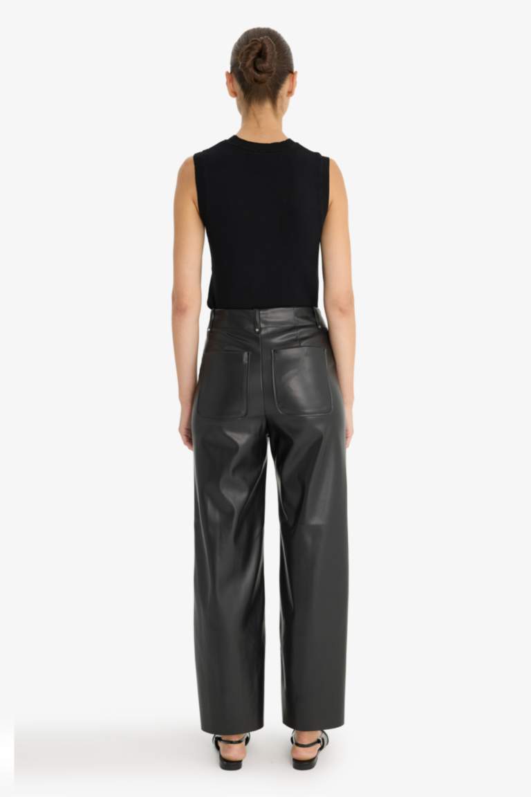 Pantalon large en simili cuir taille haute à poches