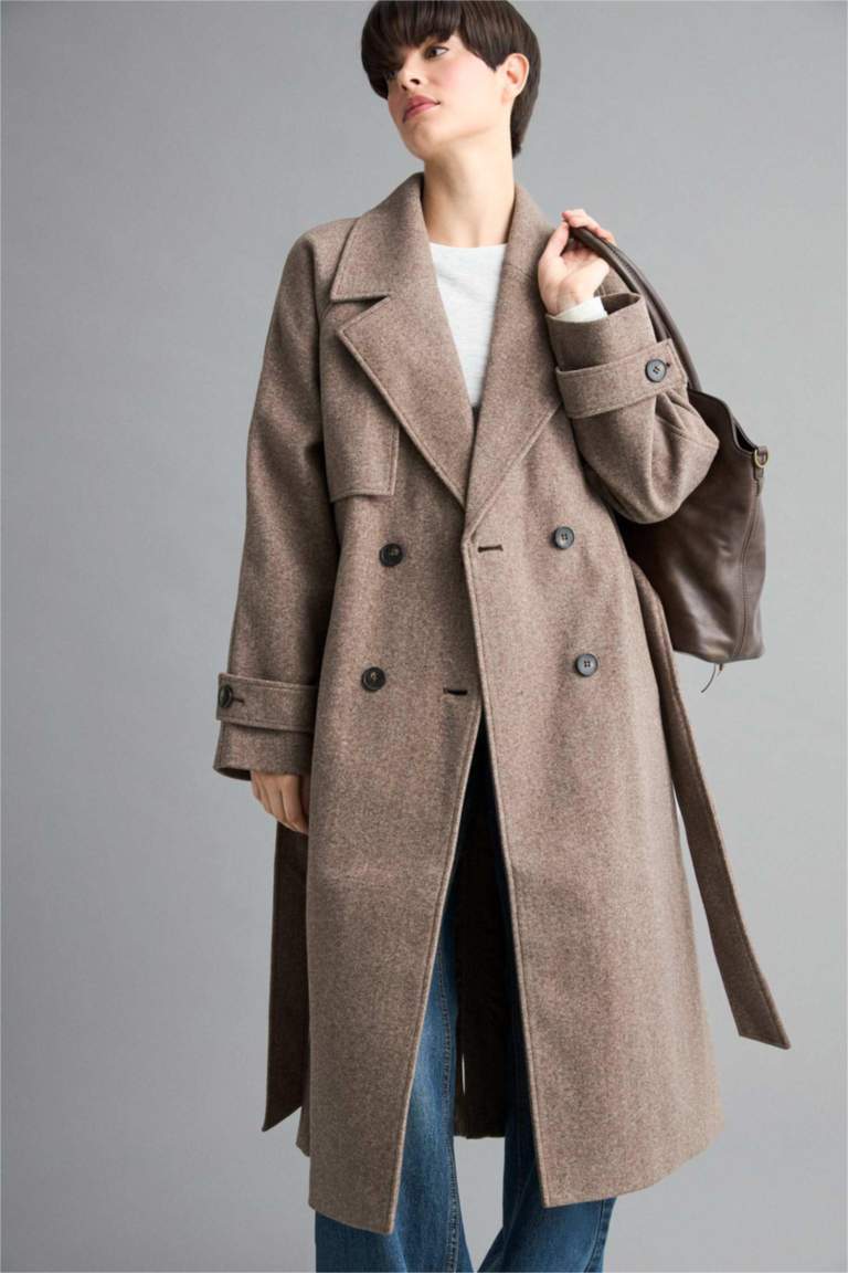 Regular Fit Düğmeli Kaşe Uzun Kaban