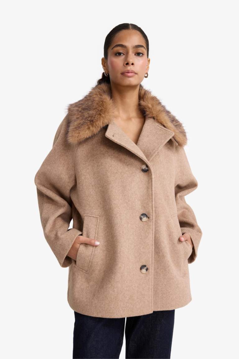 Çıkarılabilir Suni Kürk Yaka Regular Fit Düğmeli Kaşe Kaban