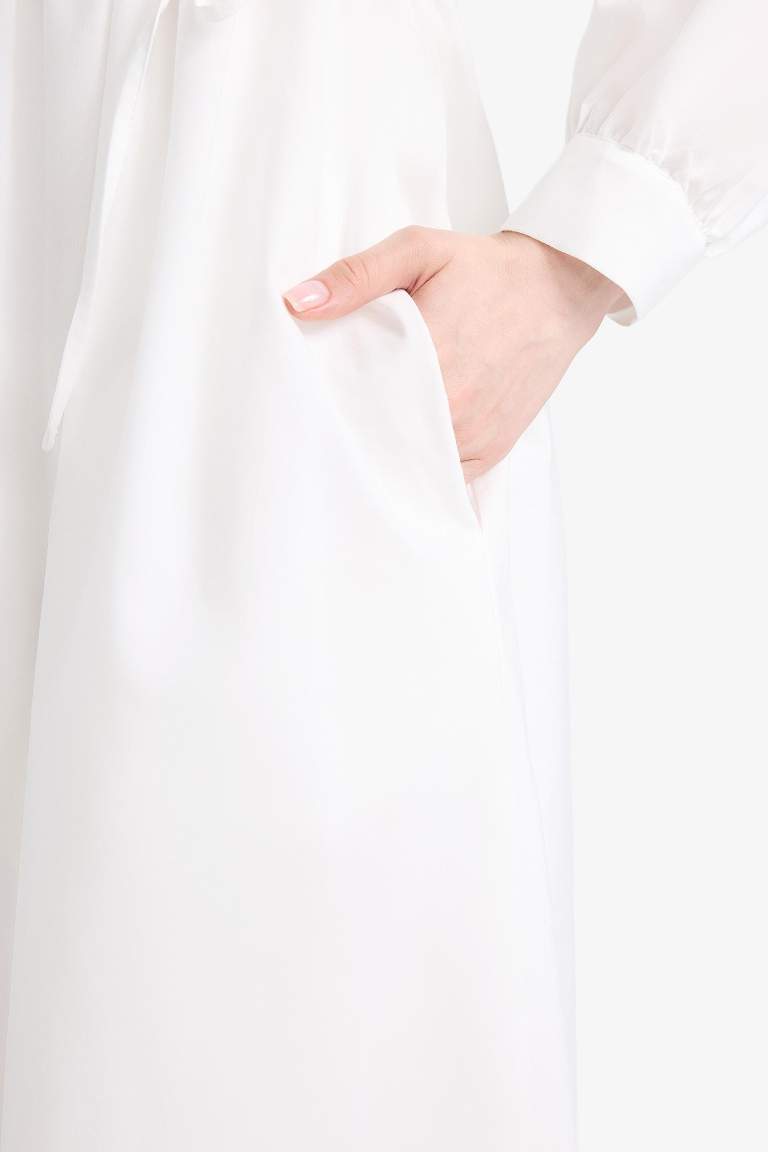 Relax Fit Bisiklet Yaka Kuşaklı Poplin Uzun Kollu Maxi Tesettür Elbise