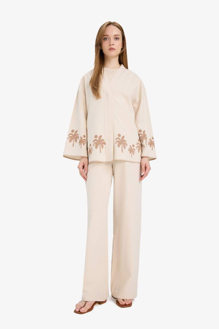 Relax Fit Baskılı Keten Karışımlı Uzun Kollu Kimono