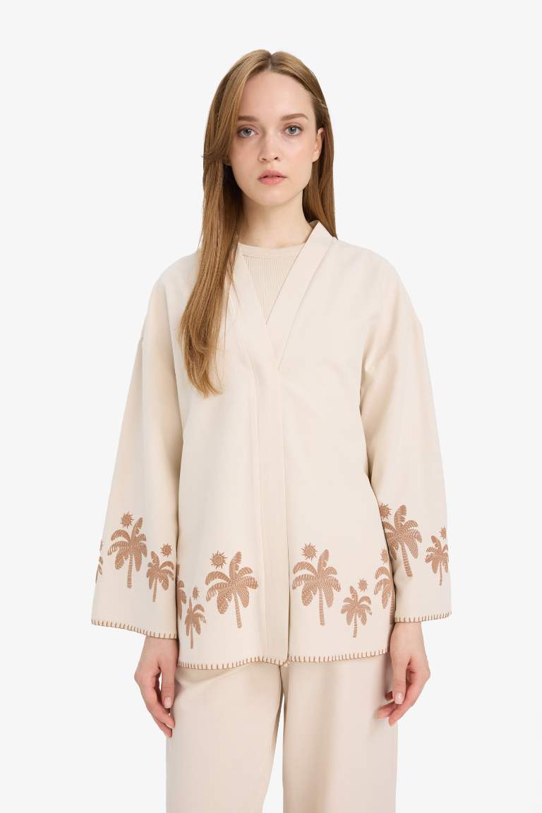 Relax Fit Baskılı Keten Karışımlı Uzun Kollu Kimono
