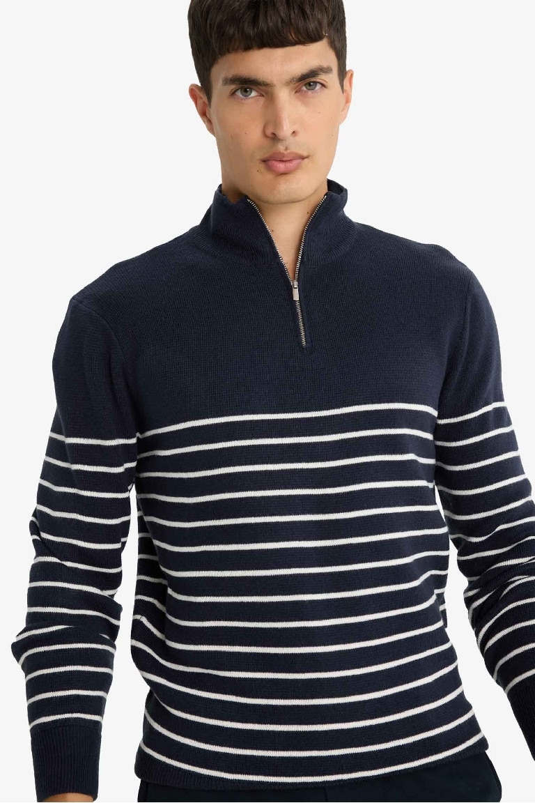 Standard Fit Half Zippered Striped Knit Pullover