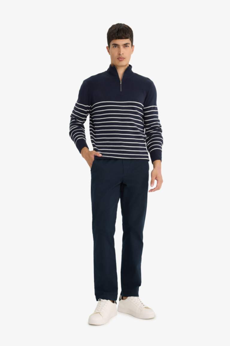 Standard Fit Half Zippered Striped Knit Pullover