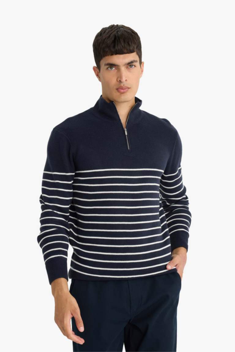 Standard Fit Half Zippered Striped Knit Pullover