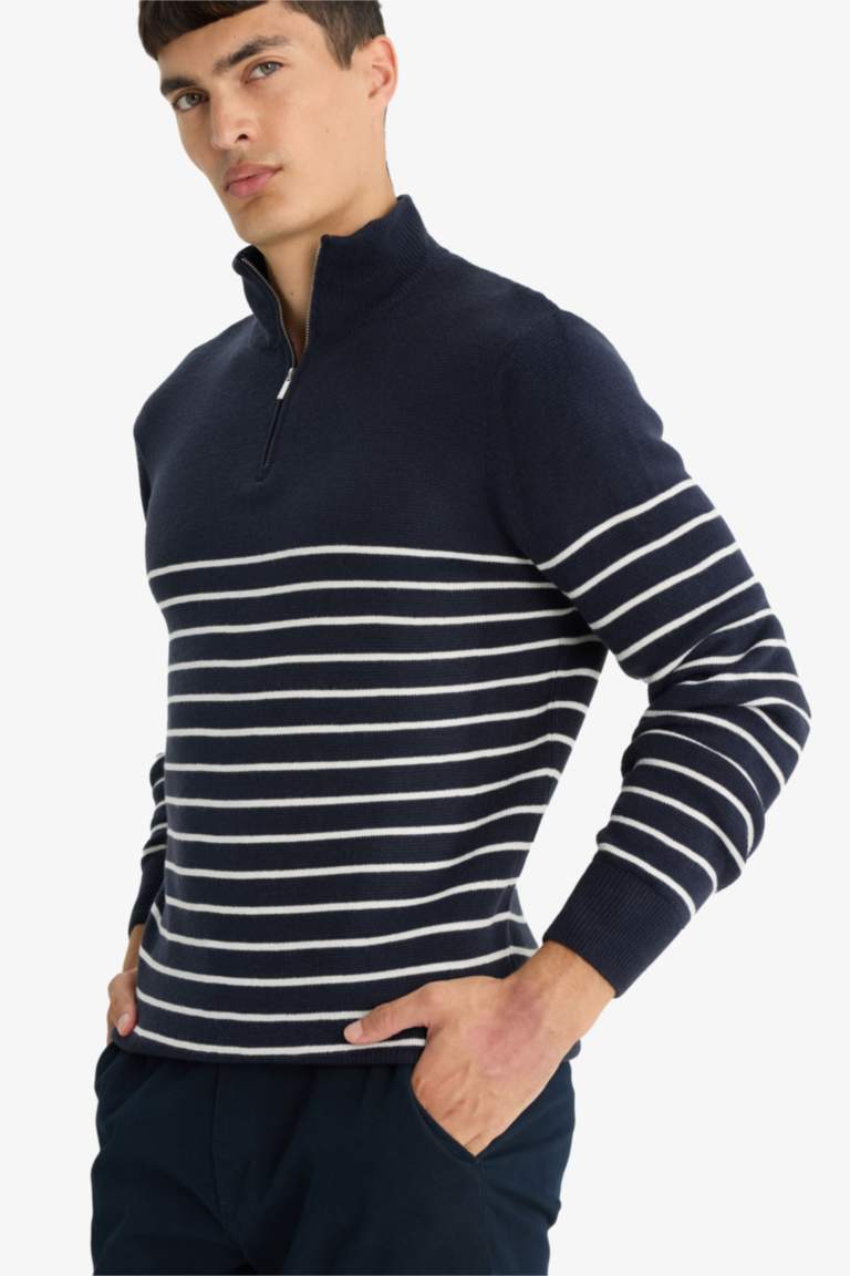 Standard Fit Half Zippered Striped Knit Pullover