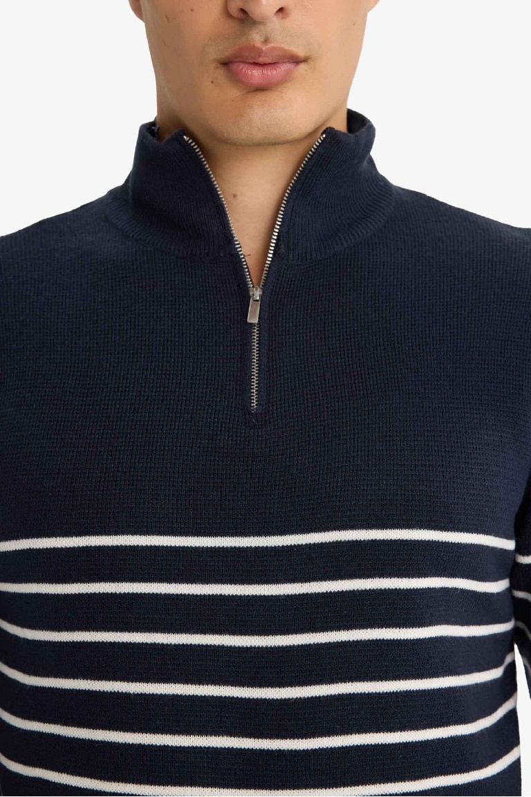 Standard Fit Half Zippered Striped Knit Pullover