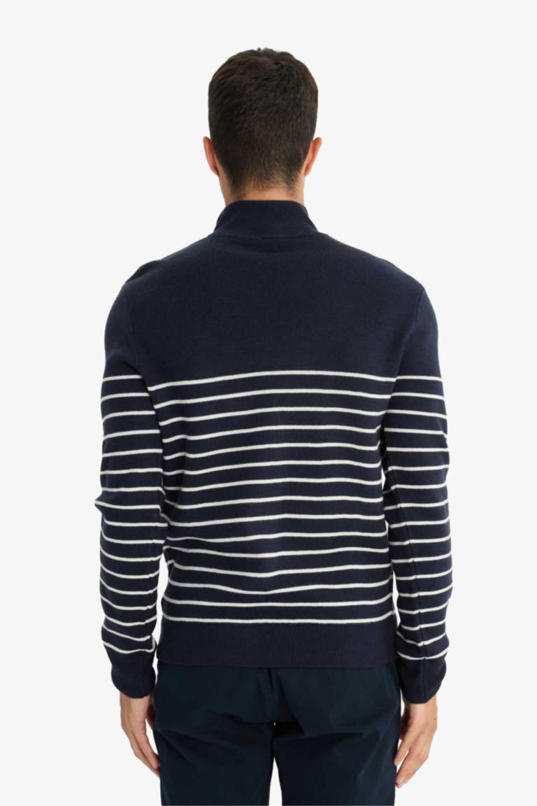 Standard Fit Half Zippered Striped Knit Pullover