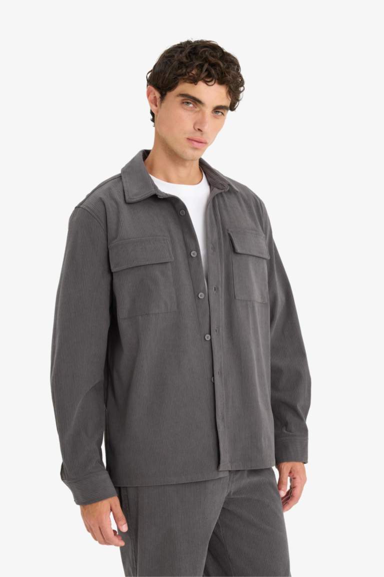 Regular Fit Fitilli Kadife Uzun Kollu Gömlek