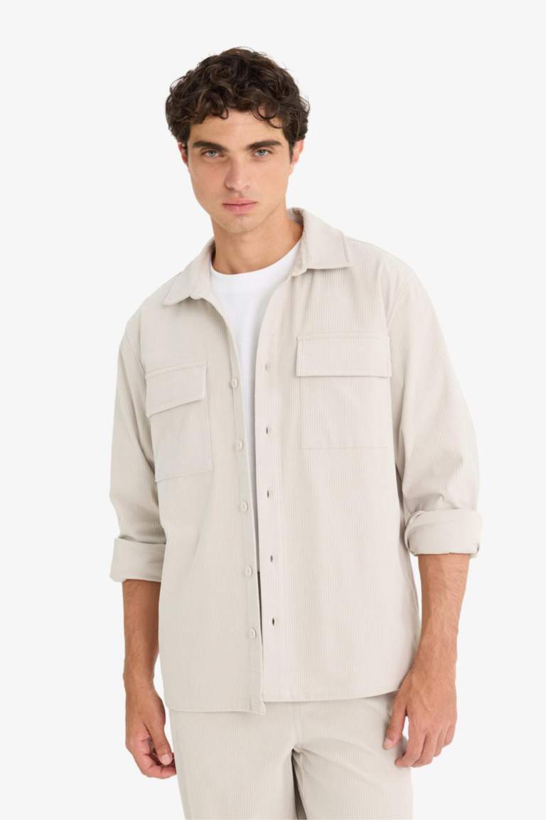 Regular Fit Fitilli Kadife Uzun Kollu Gömlek