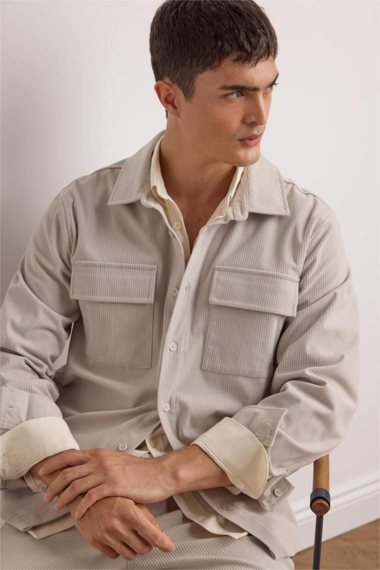 Regular Fit Fitilli Kadife Uzun Kollu Gömlek