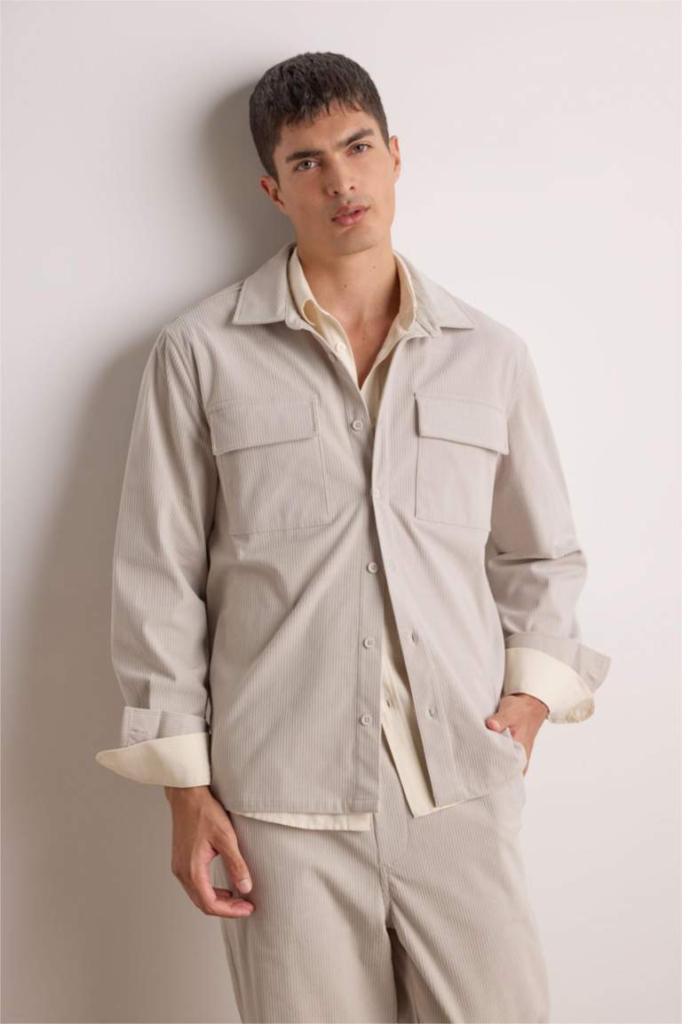 Regular Fit Fitilli Kadife Uzun Kollu Gömlek