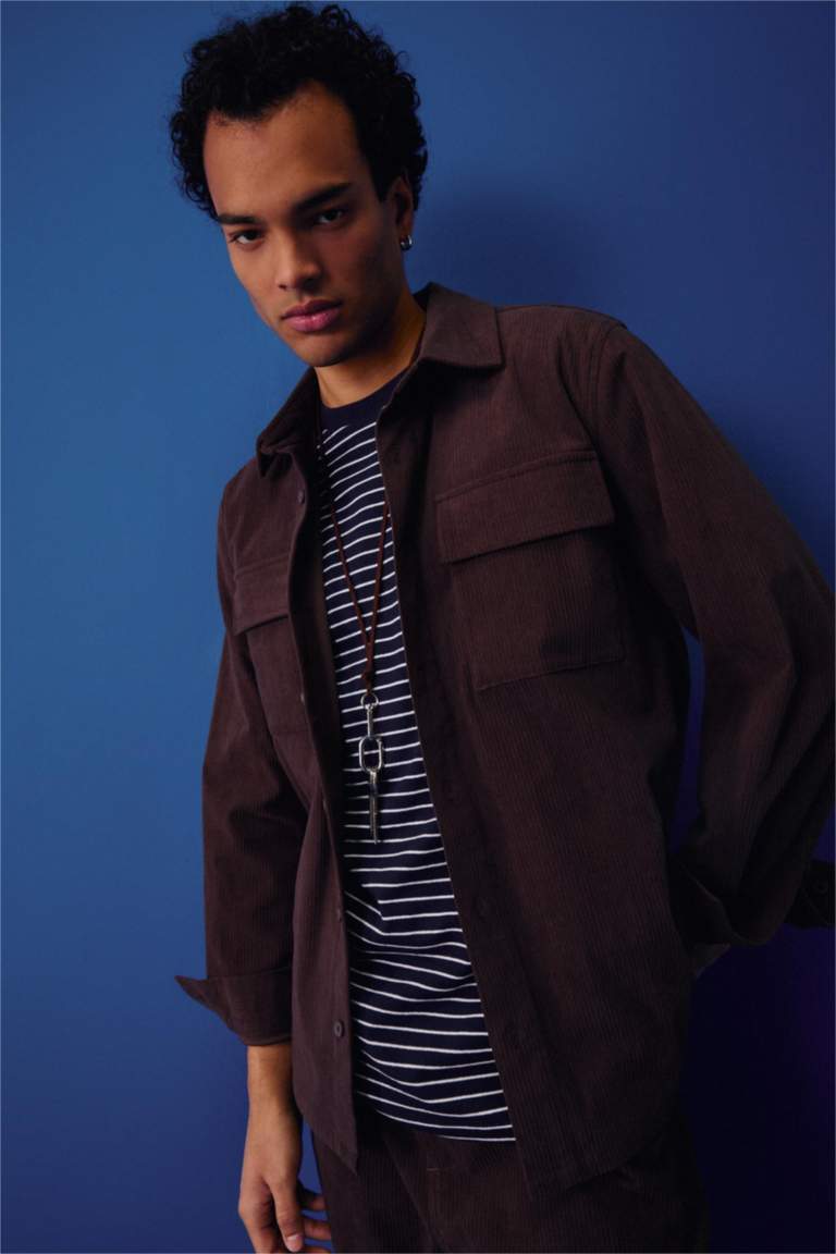 Regular Fit Fitilli Kadife Uzun Kollu Gömlek