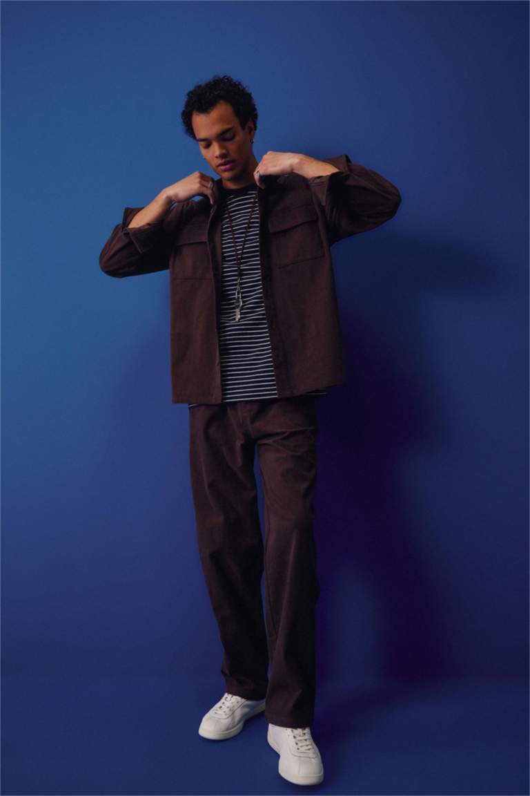 Regular Fit Fitilli Kadife Uzun Kollu Gömlek