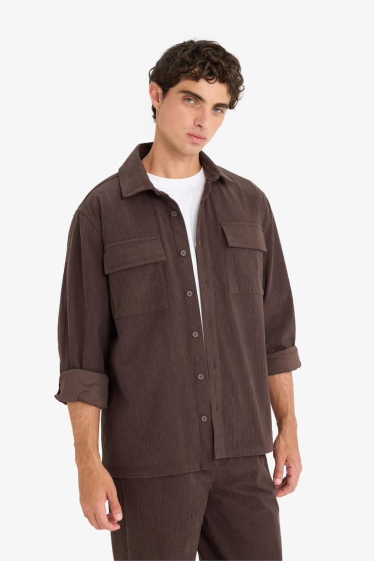 Regular Fit Fitilli Kadife Uzun Kollu Gömlek