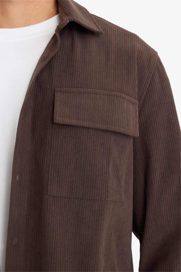 Regular Fit Fitilli Kadife Uzun Kollu Gömlek