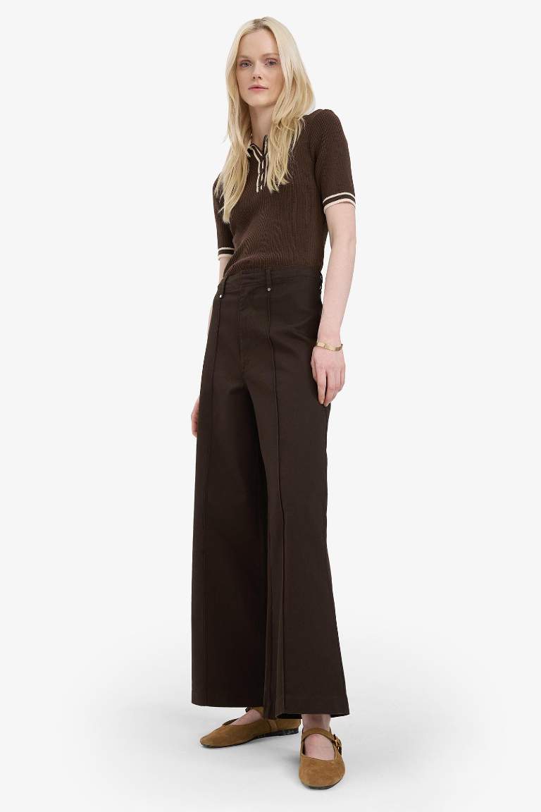 Wide Leg Gabardin Kumaş Palazzo Pantolon Cepli Yüksek Bel Geniş Paça
