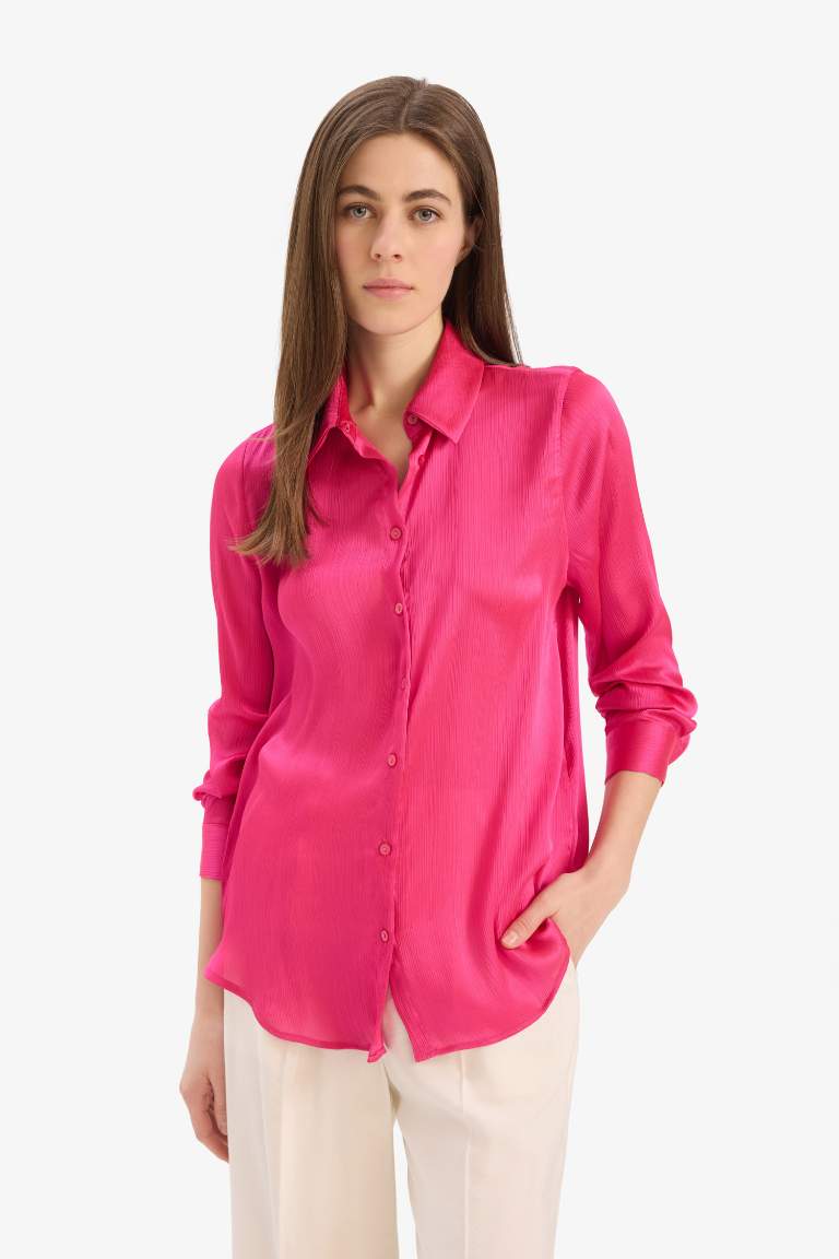 Regular Fit Shirt Collar Satin Long Sleeve Shirt