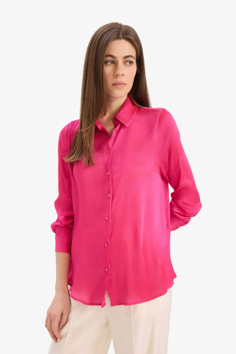 Regular Fit Shirt Collar Satin Long Sleeve Shirt