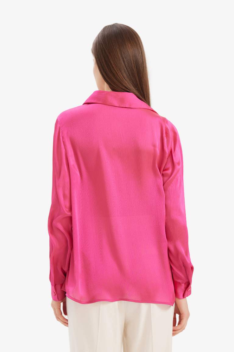 Regular Fit Shirt Collar Satin Long Sleeve Shirt