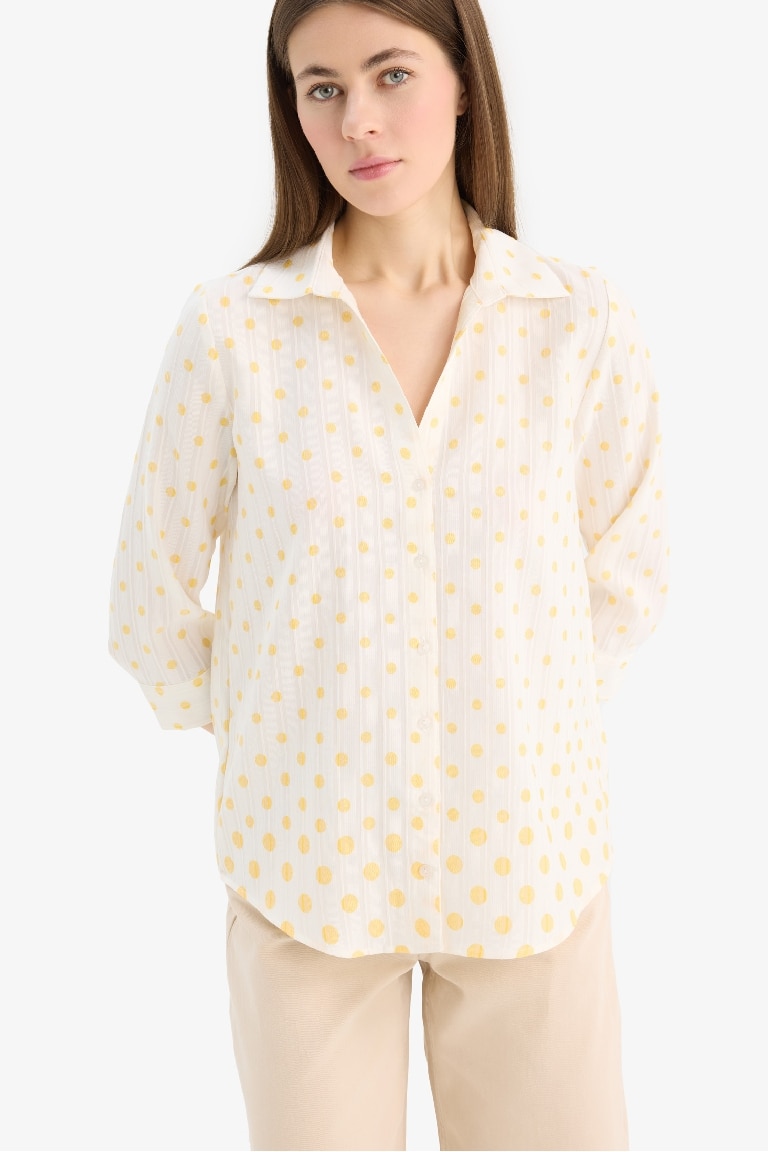 Regular Fit Shirt Collar Polka Dot Long Sleeve Shirt