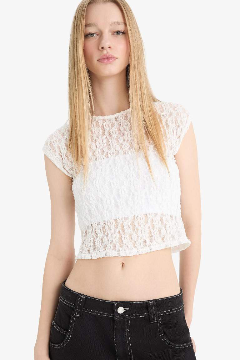 Кружевная укороченная блузка с коротким рукавом Coool Fitted Crop