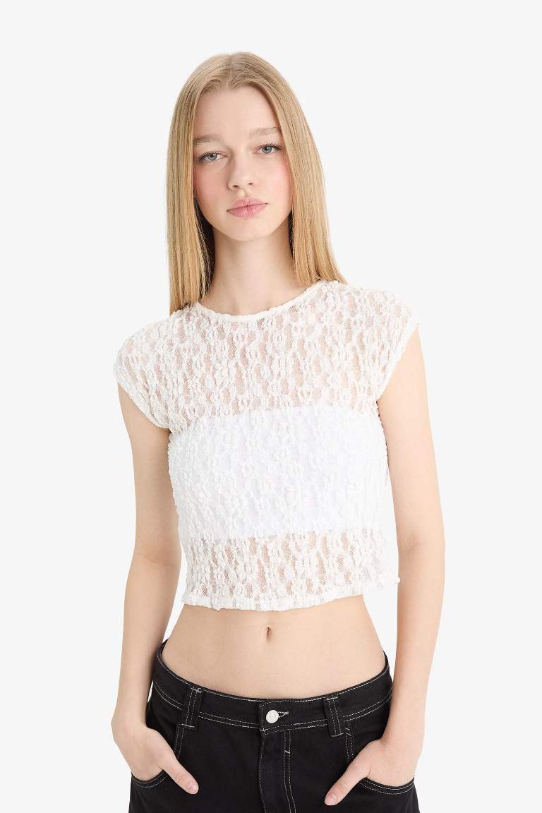 Кружевная укороченная блузка с коротким рукавом Coool Fitted Crop