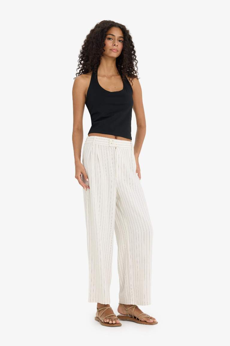 Culotte Yüksek Bel Geniş Paça Pensli Keten Karışımlı Pantolon