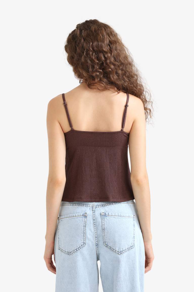 A Cut Thin Strap Front Tie Blouse