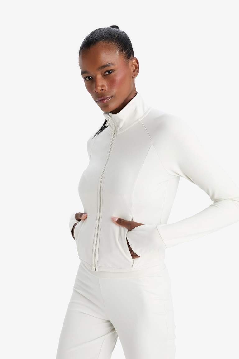 DeFactoFit Slim Fit Dar Kesim Dik Yaka İçi Yumuşak Tüylü Fermuarlı Hırka