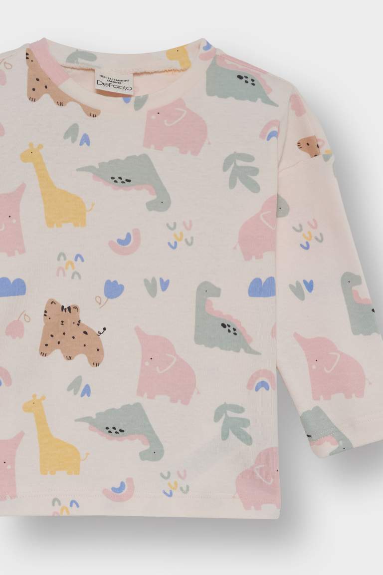 Kız Bebek 2'li Takım Dinozor Baskılı Uzun Kollu Tişört Salopet Tulum