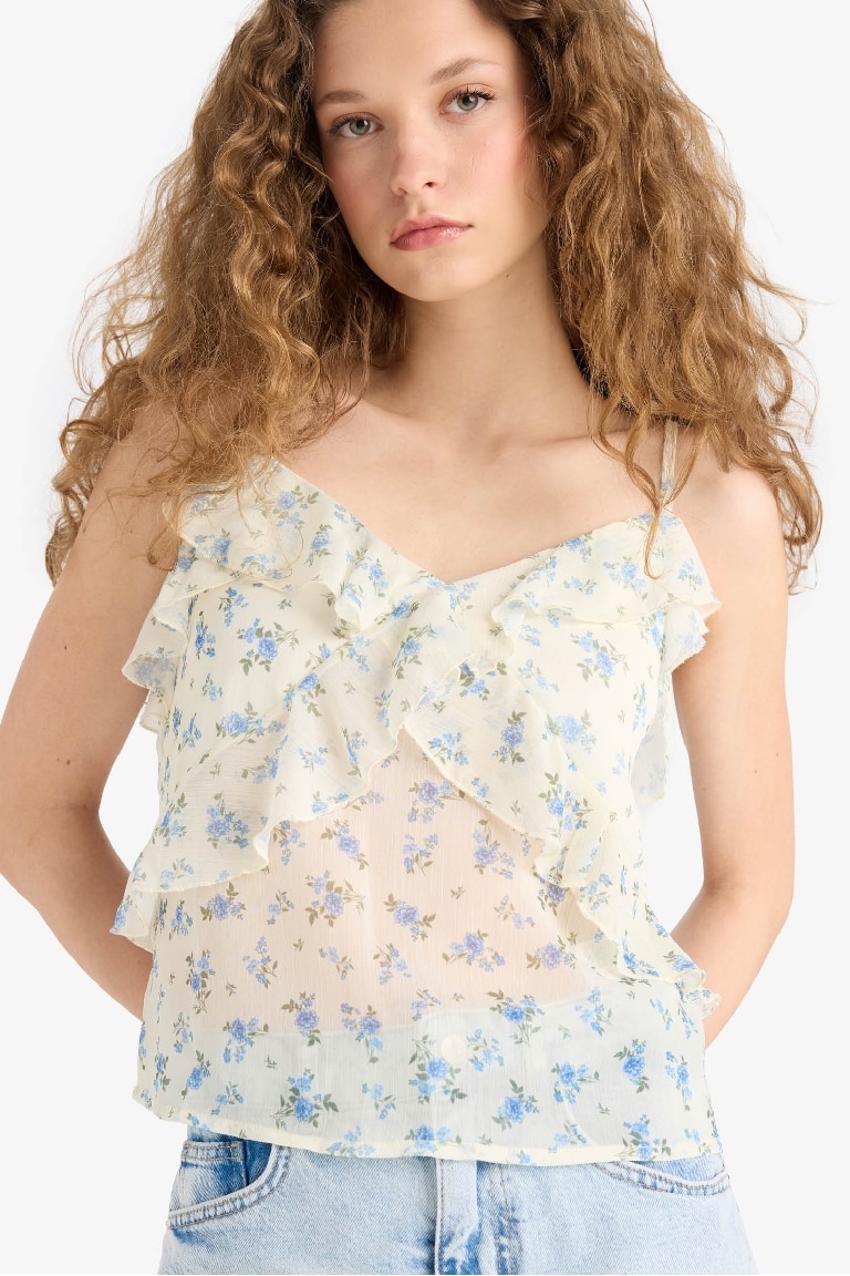 Regular Fit V Neck Floral Chiffon Sleeveless Blouse